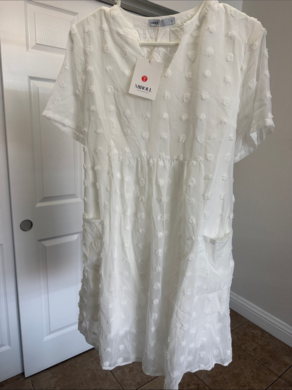 Minoli White Textured Dot Casual Kids Dress with Pockets